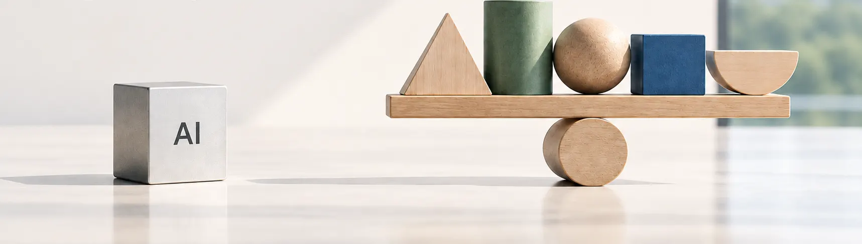 A metal cube marked AI on one side of a room, and a set of wooden shapes balanced on a plank and cylinder on the other.