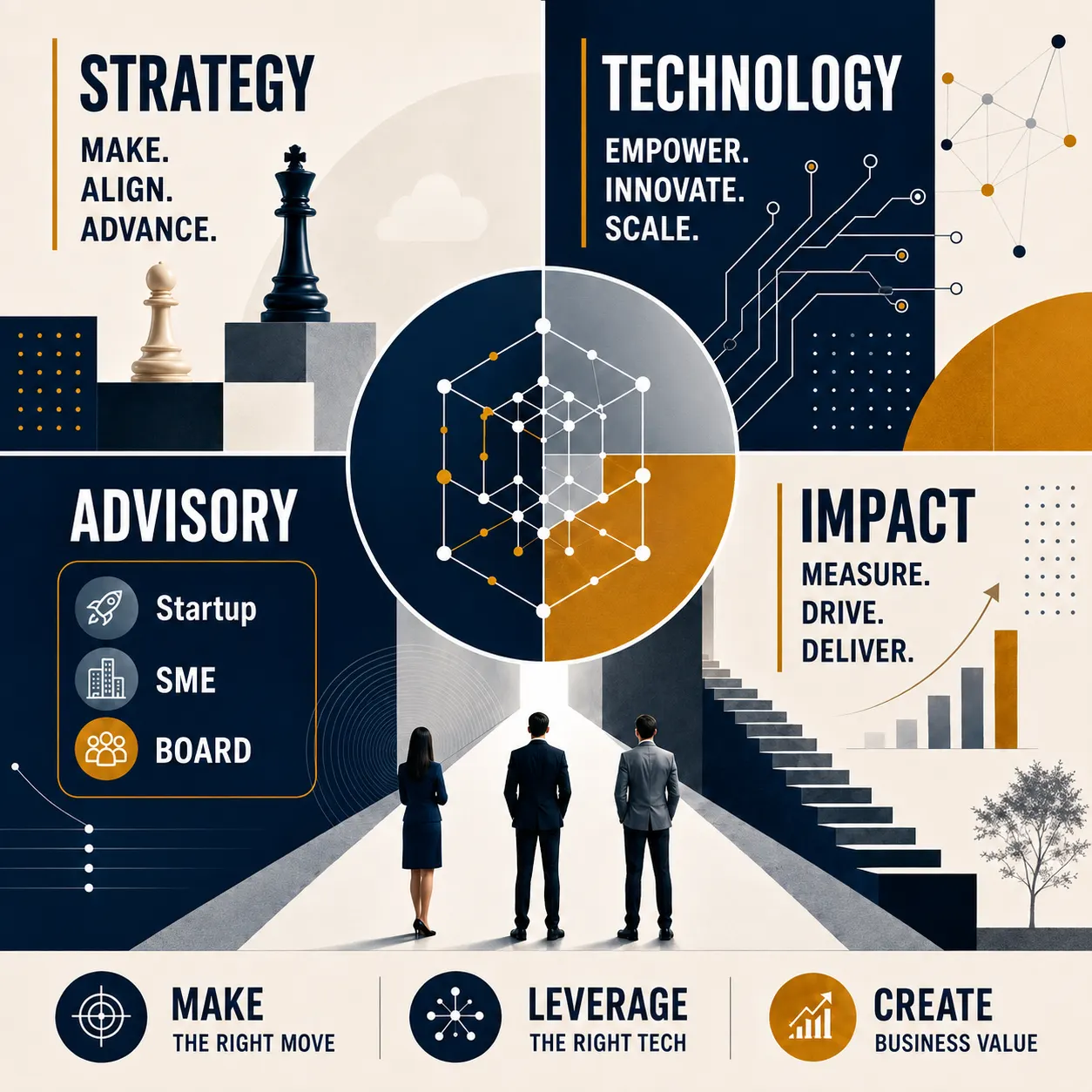 Four quadrants — Strategy: make, align, advance. Technology: empower, innovate, scale. Advisory: startup, SME, board. Impact: measure, drive, deliver. At the centre, a lattice of connected nodes; below, three executives facing a lit path.