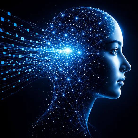 A human head rendered as a network of connected points, with data streaming into it