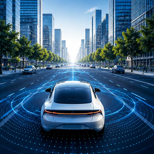 An instrumented vehicle on a city street, surrounded by concentric sensor sweeps