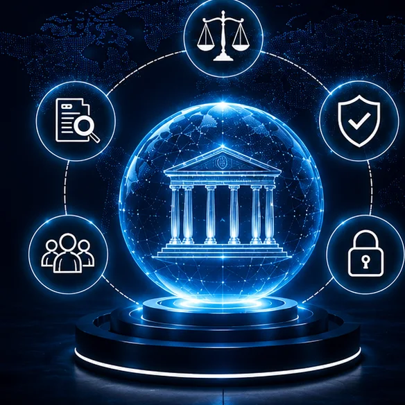 A classical institution inside a globe, ringed by icons for audit, assurance, privacy and people